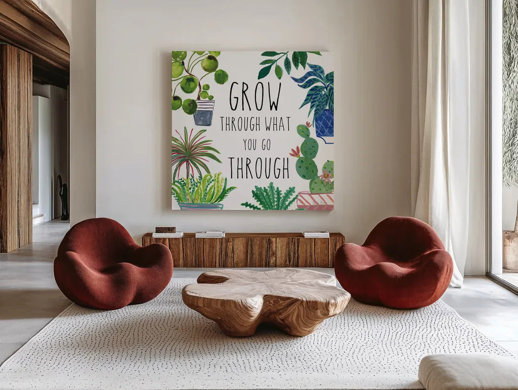 Plant Home IV by Farida Zaman. Shown as extra-large giant wall art in a modern living room. Available as an archival giclee rolled canvas, fine art paper, or poster print. SKU 70163a.