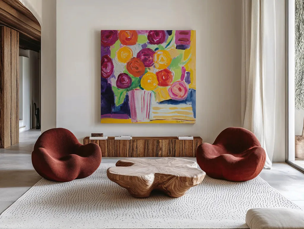 Posies by Farida Zaman. Shown as extra-large giant wall art in a modern living room. Available as an archival giclee rolled canvas, fine art paper, or poster print. SKU 60951a.