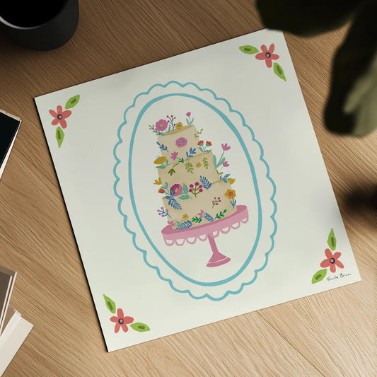 Pretty Cake II by Farida Zaman. Shown as a detailed flat fine art print, highlighting archival giclee quality. Available as an archival giclee rolled canvas, fine art paper, or poster print. SKU 101159a.