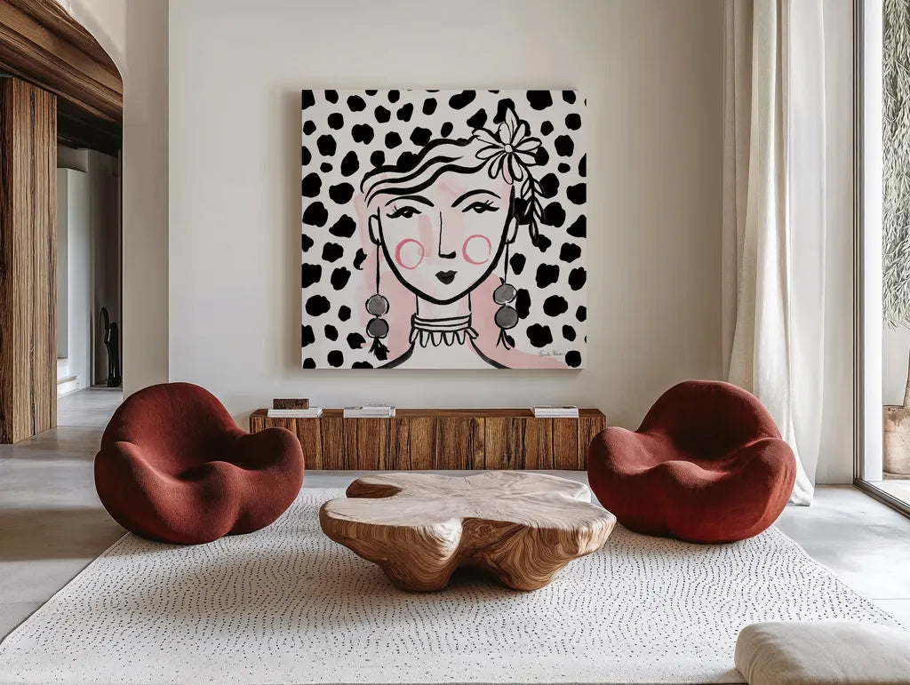 Pretty Faces I Pink by Farida Zaman. Shown as extra-large giant wall art in a modern living room. Available as an archival giclee rolled canvas, fine art paper, or poster print. SKU 67611a.