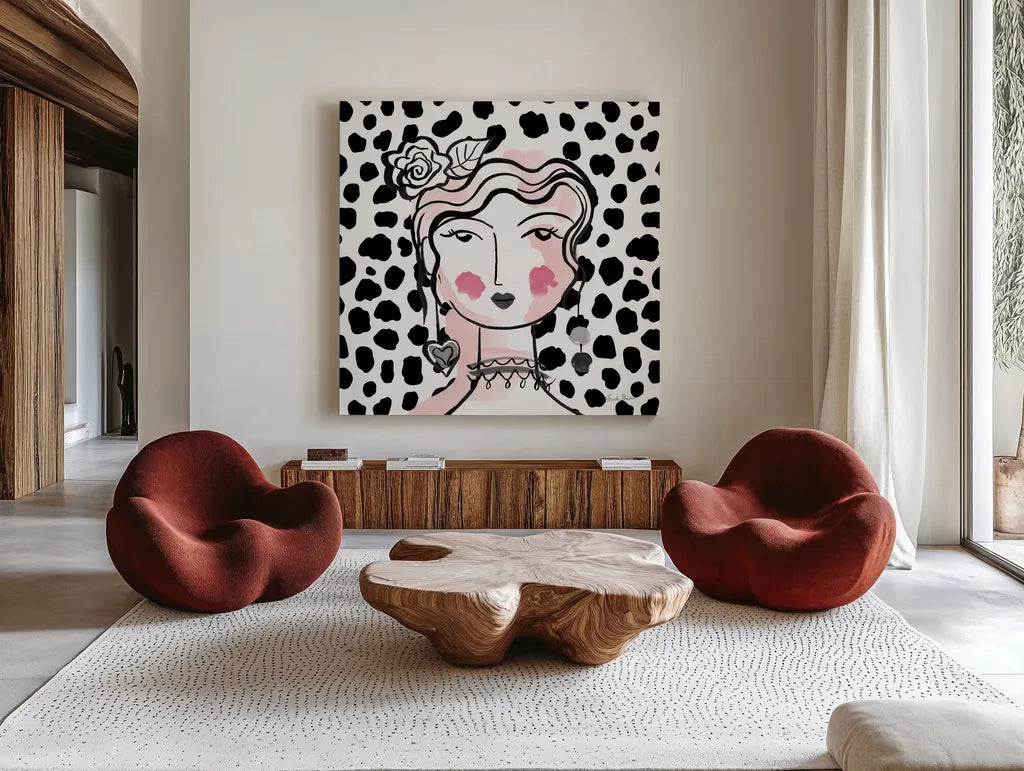 Pretty Faces II Pink by Farida Zaman. Shown as extra-large giant wall art in a modern living room. Available as an archival giclee rolled canvas, fine art paper, or poster print. SKU 67612a.