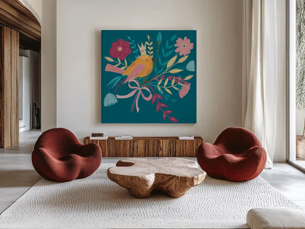 Royal Birds II Blue by Farida Zaman. Shown as extra-large giant wall art in a modern living room. Available as an archival giclee rolled canvas, fine art paper, or poster print. SKU 68974a.