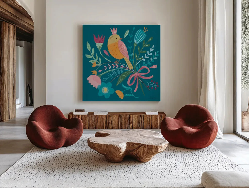 Royal Birds IV Blue by Farida Zaman. Shown as extra-large giant wall art in a modern living room. Available as an archival giclee rolled canvas, fine art paper, or poster print. SKU 68976a.