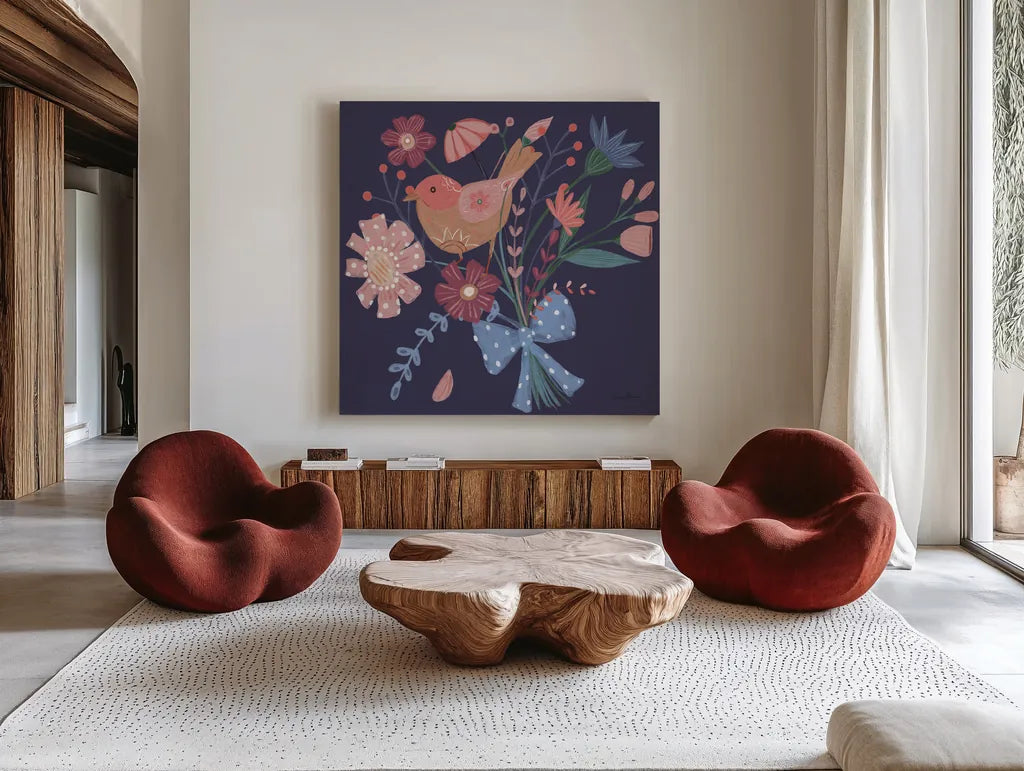 Royal Birds V Purple by Farida Zaman. Shown as extra-large giant wall art in a modern living room. Available as an archival giclee rolled canvas, fine art paper, or poster print. SKU 71474a.