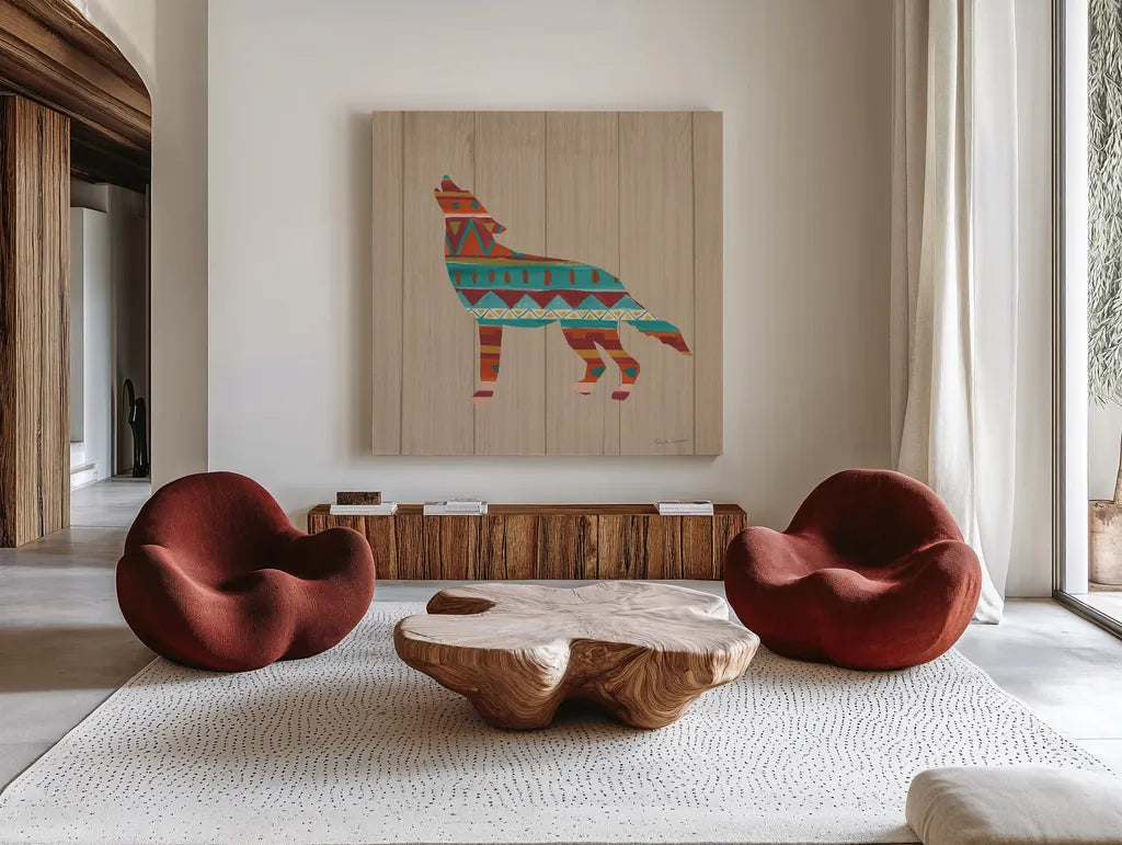 Southwestern Vibes VI on Walnut by Farida Zaman. Shown as extra-large giant wall art in a modern living room. Available as an archival giclee rolled canvas, fine art paper, or poster print. SKU 43754a.