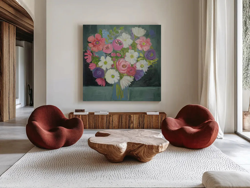 Special Bouquet by Farida Zaman. Shown as extra-large giant wall art in a modern living room. Available as an archival giclee rolled canvas, fine art paper, or poster print. SKU 46818a.