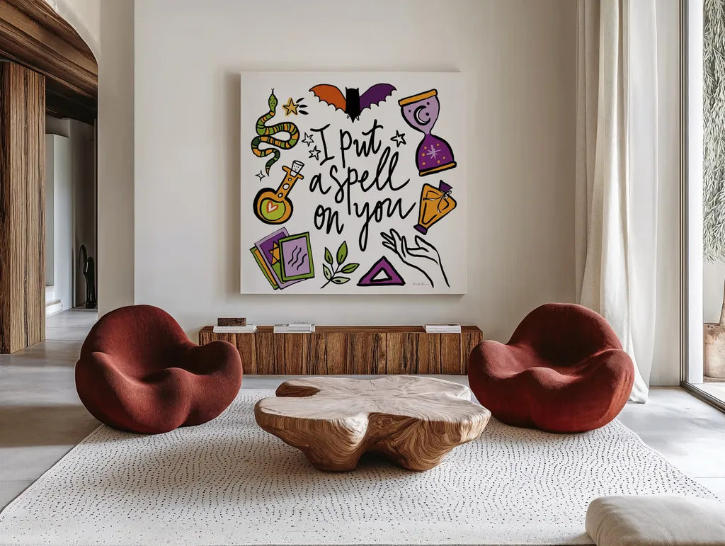 Spell Bound II by Farida Zaman. Shown as extra-large giant wall art in a modern living room. Available as an archival giclee rolled canvas, fine art paper, or poster print. SKU 70175a.