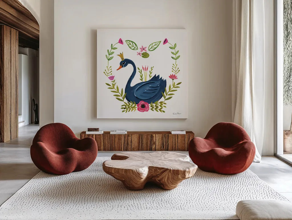 Swan Love II v2 by Farida Zaman. Shown as extra-large giant wall art in a modern living room. Available as an archival giclee rolled canvas, fine art paper, or poster print. SKU 45899a.