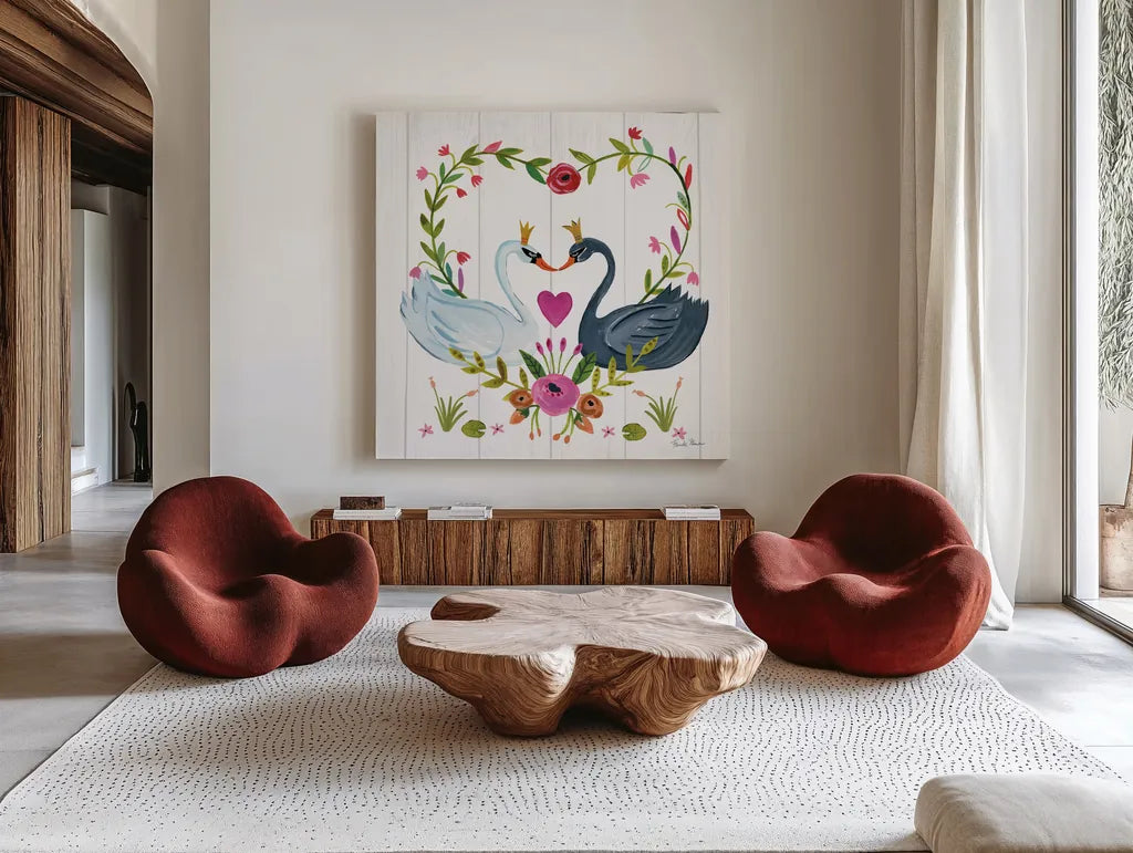 Swan Love III by Farida Zaman. Shown as extra-large giant wall art in a modern living room. Available as an archival giclee rolled canvas, fine art paper, or poster print. SKU 38749a.