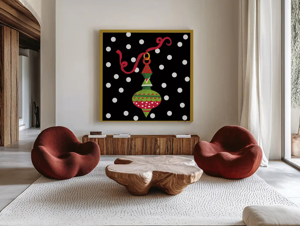 The Night Before Christmas II by Farida Zaman. Shown as extra-large giant wall art in a modern living room. Available as an archival giclee rolled canvas, fine art paper, or poster print. SKU 33043a.