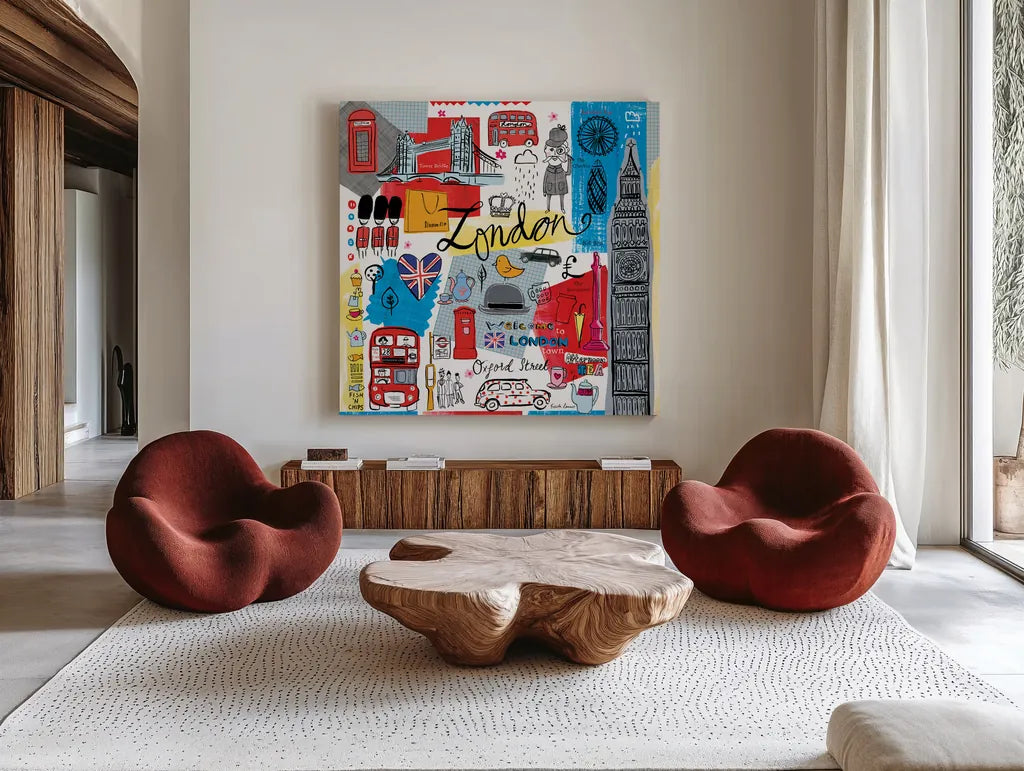 Traveling London by Farida Zaman. Shown as extra-large giant wall art in a modern living room. Available as an archival giclee rolled canvas, fine art paper, or poster print. SKU 76321a.