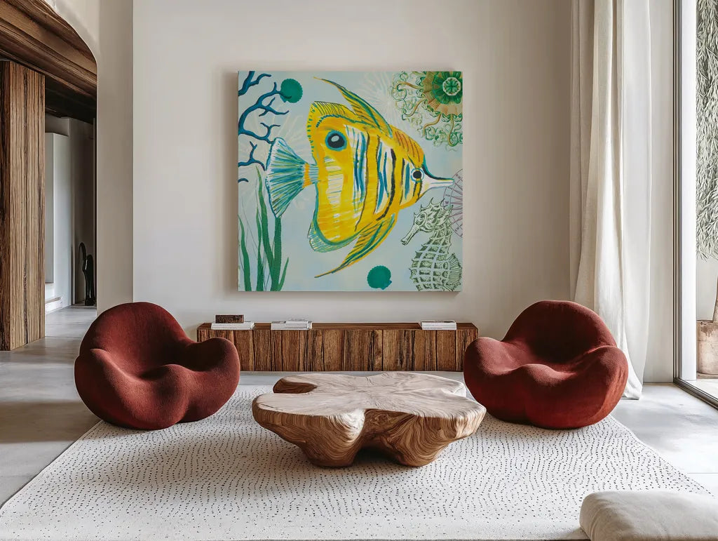 Tropical Underwater III by Farida Zaman. Shown as extra-large giant wall art in a modern living room. Available as an archival giclee rolled canvas, fine art paper, or poster print. SKU 37586a.
