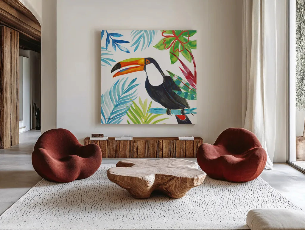 Tropicana II by Farida Zaman. Shown as extra-large giant wall art in a modern living room. Available as an archival giclee rolled canvas, fine art paper, or poster print. SKU 35961a.