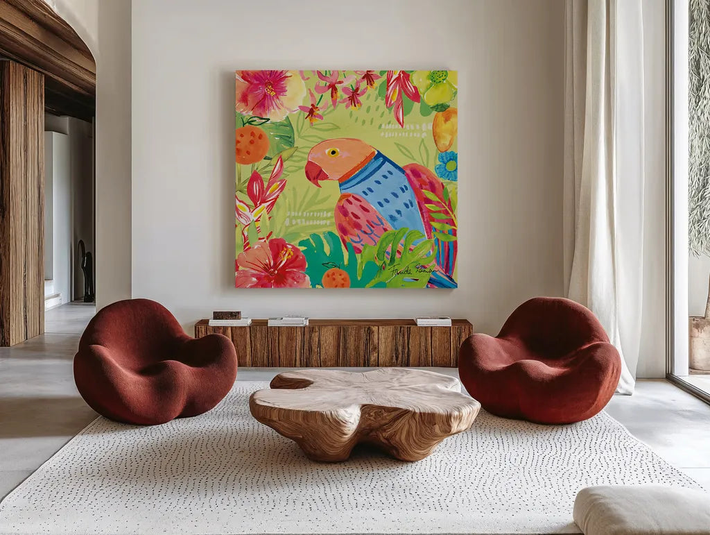 Tutti Frutti V by Farida Zaman. Shown as extra-large giant wall art in a modern living room. Available as an archival giclee rolled canvas, fine art paper, or poster print. SKU 52030a.
