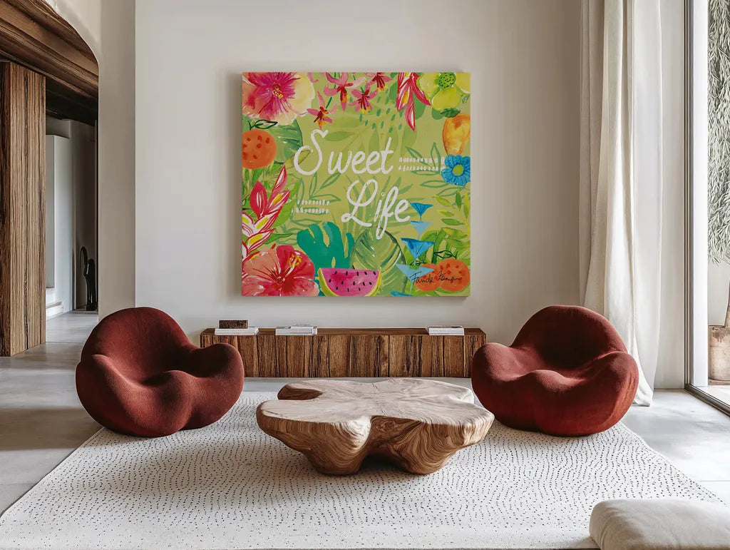 Tutti Frutti X by Farida Zaman. Shown as extra-large giant wall art in a modern living room. Available as an archival giclee rolled canvas, fine art paper, or poster print. SKU 52035a.