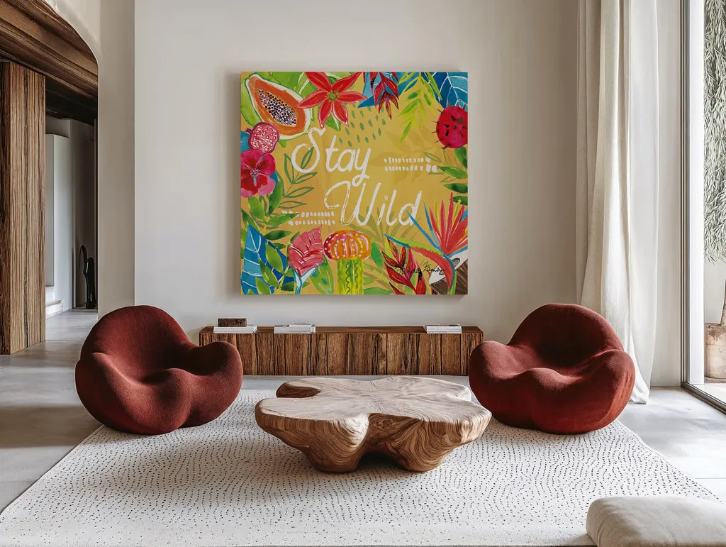 Tutti Frutti XI by Farida Zaman. Shown as extra-large giant wall art in a modern living room. Available as an archival giclee rolled canvas, fine art paper, or poster print. SKU 52036a.