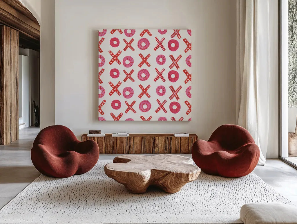 Valentine Chic Pattern II by Farida Zaman. Shown as extra-large giant wall art in a modern living room. Available as an archival giclee rolled canvas, fine art paper, or poster print. SKU 39748a.