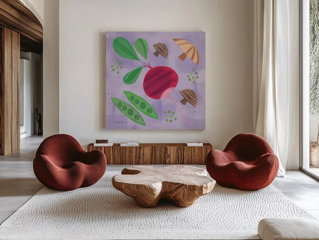 Veggie Time III by Farida Zaman. Shown as extra-large giant wall art in a modern living room. Available as an archival giclee rolled canvas, fine art paper, or poster print. SKU 33263a.