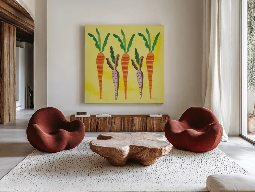Veggie Time V v2 by Farida Zaman. Shown as extra-large giant wall art in a modern living room. Available as an archival giclee rolled canvas, fine art paper, or poster print. SKU 33893a.