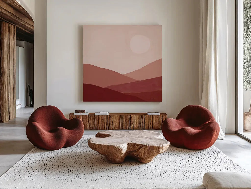Warm Desert Landscape I by Farida Zaman. Shown as extra-large giant wall art in a modern living room. Available as an archival giclee rolled canvas, fine art paper, or poster print. SKU 74761a.