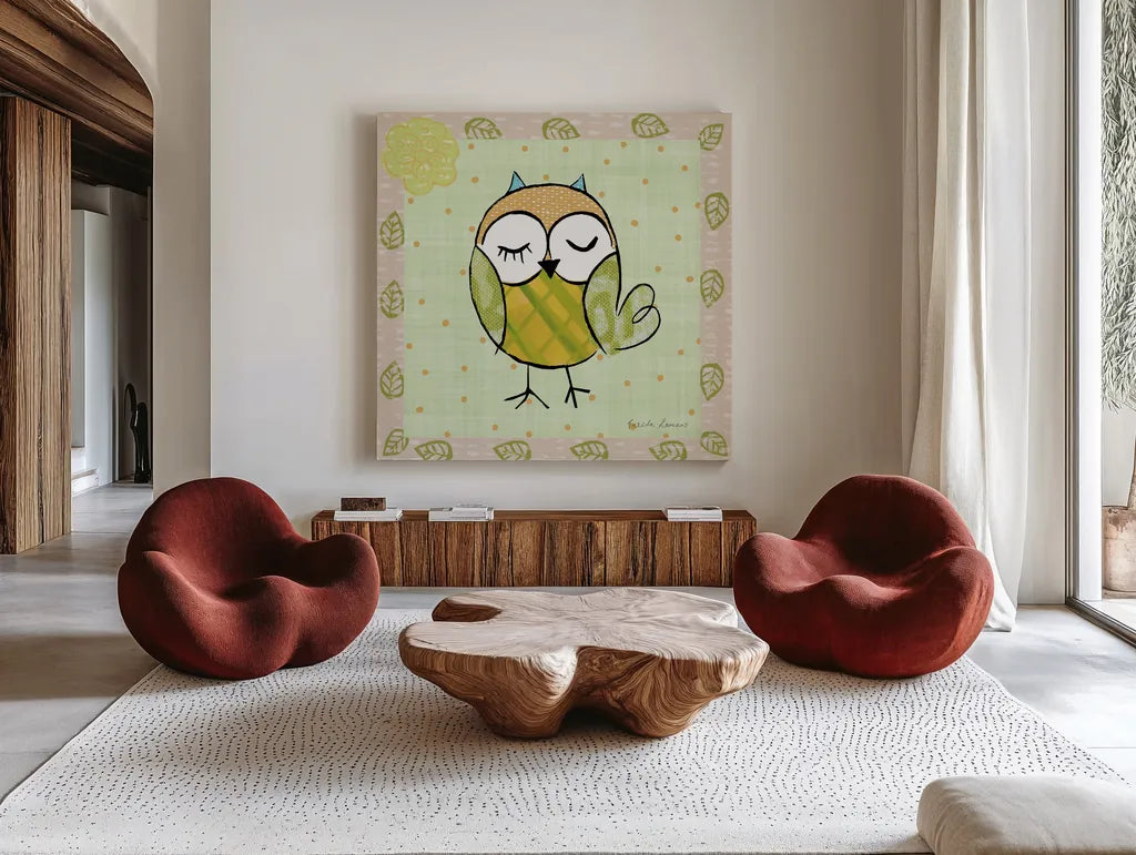 Whimsy Owls II by Farida Zaman. Shown as extra-large giant wall art in a modern living room. Available as an archival giclee rolled canvas, fine art paper, or poster print. SKU 33112a.