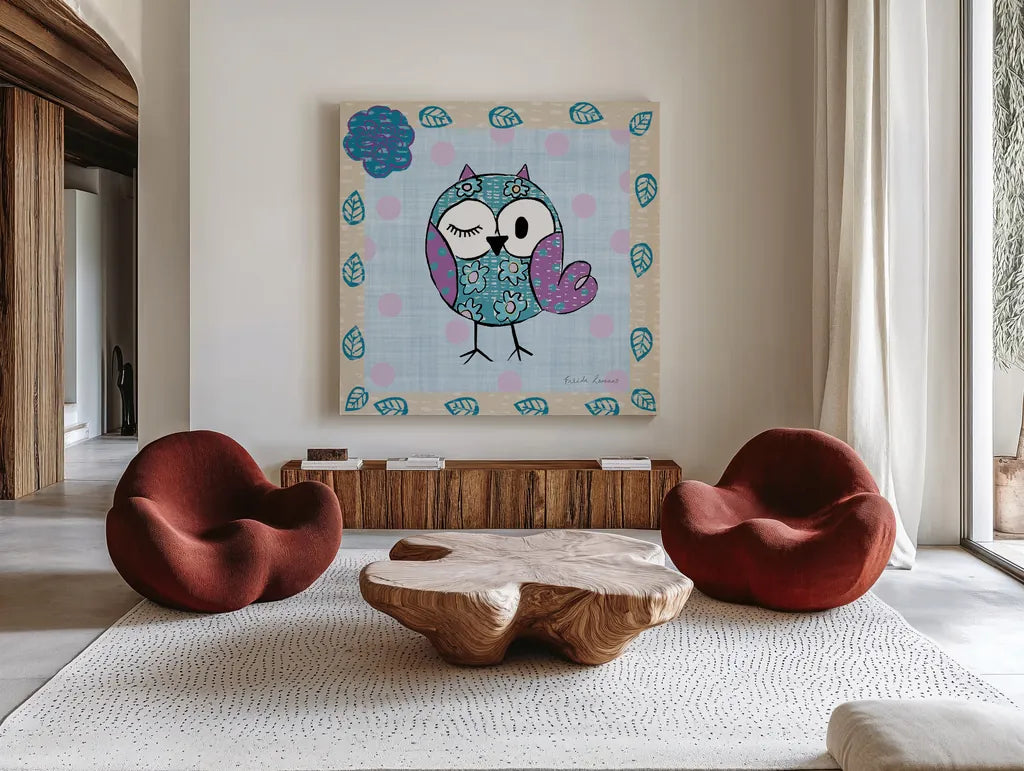 Whimsy Owls III by Farida Zaman. Shown as extra-large giant wall art in a modern living room. Available as an archival giclee rolled canvas, fine art paper, or poster print. SKU 33113a.