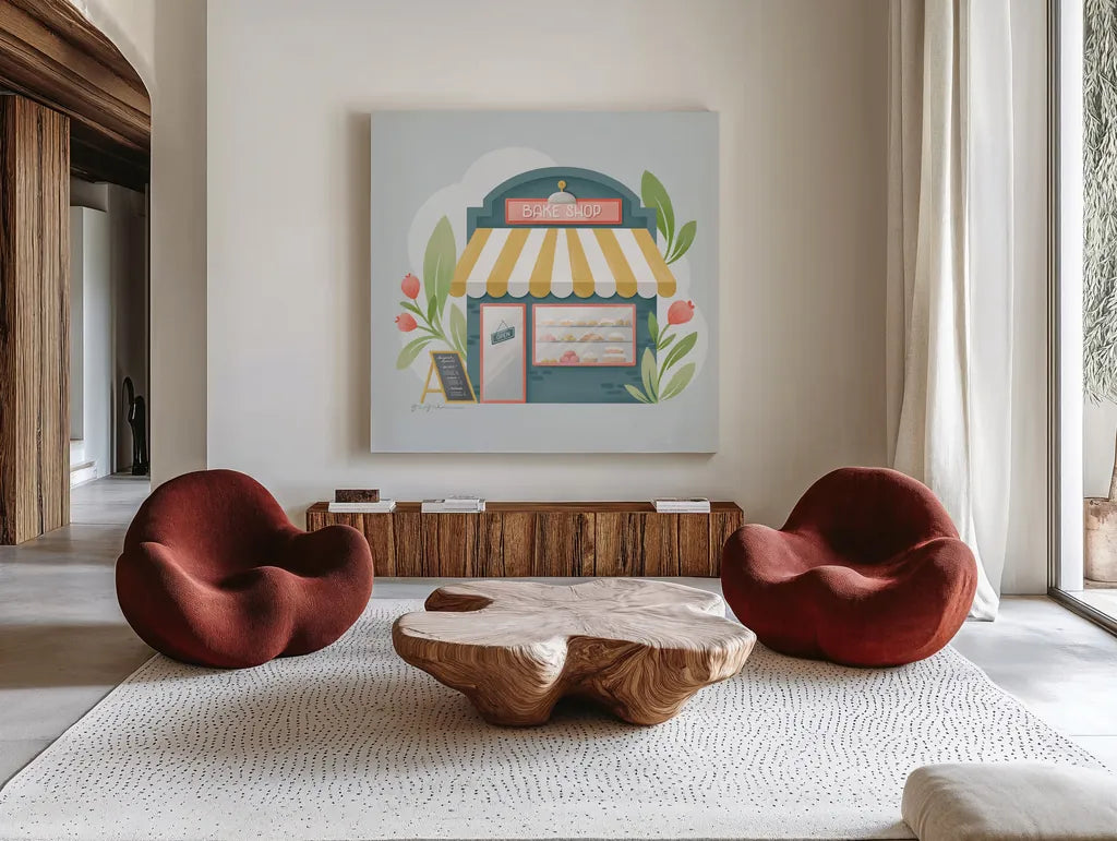 Bake Shop IV by Gia Graham. Shown as extra-large giant wall art in a modern living room. Available as an archival giclee rolled canvas, fine art paper, or poster print. SKU 96418a.