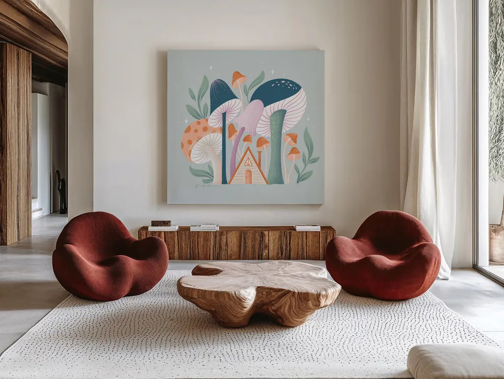 Fantastic Fungi VI by Gia Graham. Shown as extra-large giant wall art in a modern living room. Available as an archival giclee rolled canvas, fine art paper, or poster print. SKU 83686a.