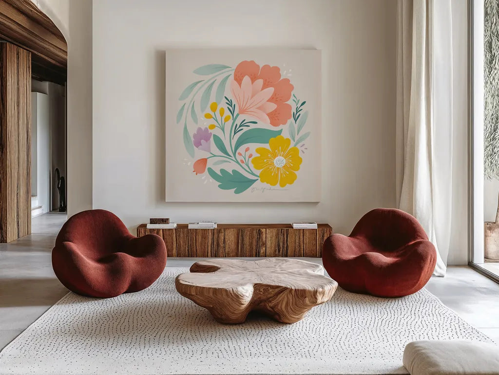 Floral Study I by Gia Graham. Shown as extra-large giant wall art in a modern living room. Available as an archival giclee rolled canvas, fine art paper, or poster print. SKU 73722a.