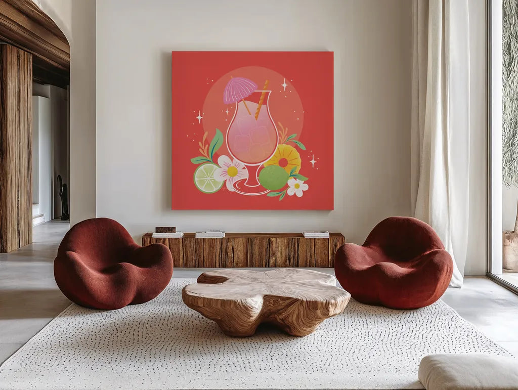 Fruit Punch VII by Gia Graham. Shown as extra-large giant wall art in a modern living room. Available as an archival giclee rolled canvas, fine art paper, or poster print. SKU 82886a.