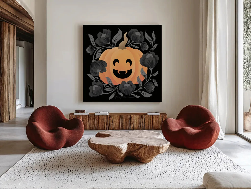 Halloween Spirit III by Gia Graham. Shown as extra-large giant wall art in a modern living room. Available as an archival giclee rolled canvas, fine art paper, or poster print. SKU 89417a.