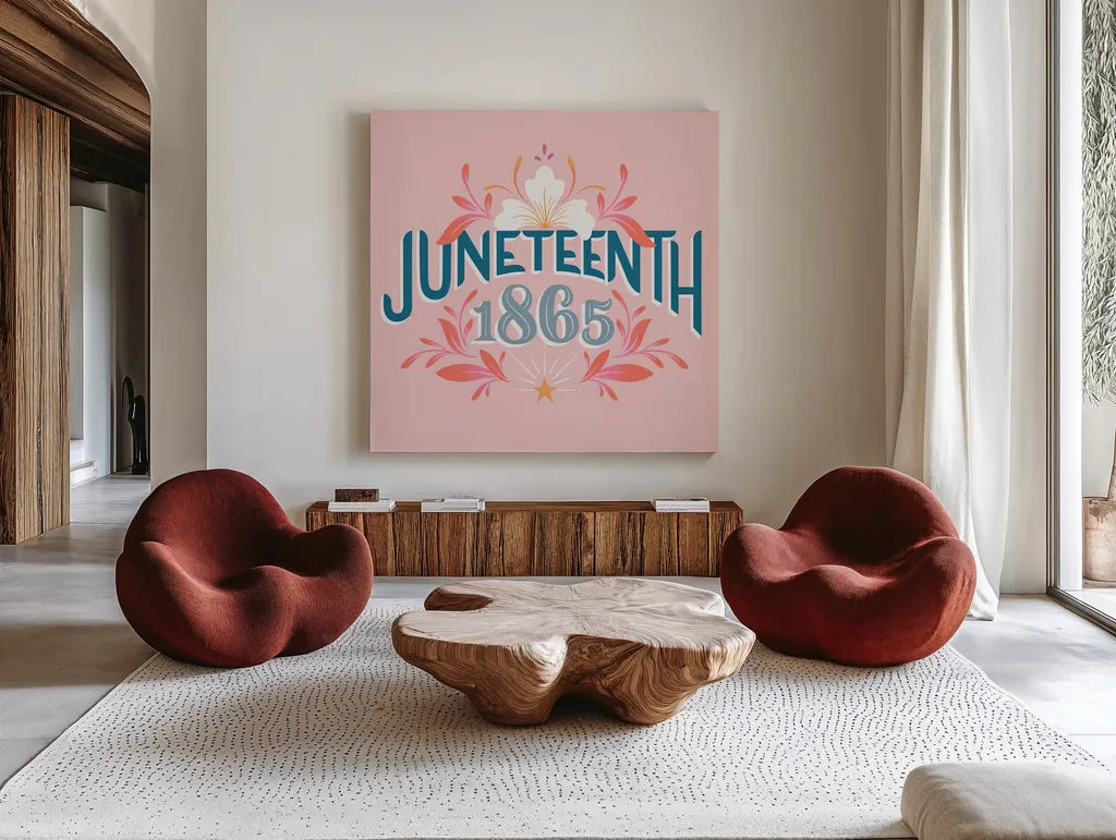 Juneteenth I by Gia Graham. Shown as extra-large giant wall art in a modern living room. Available as an archival giclee rolled canvas, fine art paper, or poster print. SKU 75359a.