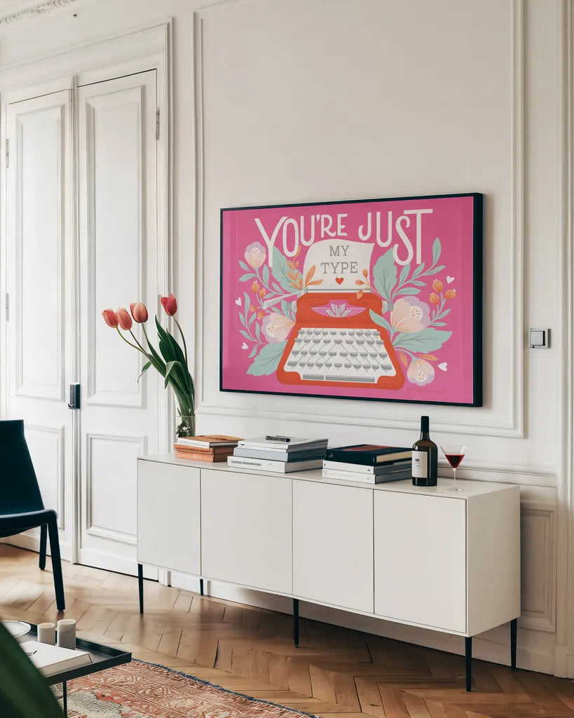 Just My Type I by Gia Graham. shown as a framed stretched canvas in a living room above a console. Available as a archival giclee rolled canvas, fine art paper, or poster print. SKU 79667i.