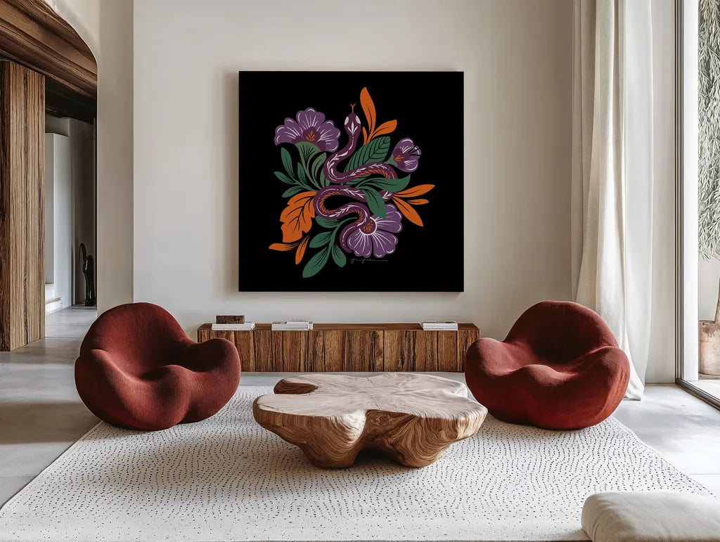 Lush Life III Black and Orange by Gia Graham. Shown as extra-large giant wall art in a modern living room. Available as an archival giclee rolled canvas, fine art paper, or poster print. SKU 81953a.