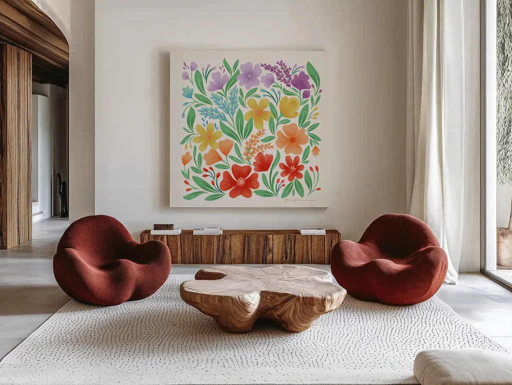 Rainbow Florals II by Gia Graham. Shown as extra-large giant wall art in a modern living room. Available as an archival giclee rolled canvas, fine art paper, or poster print. SKU 87740a.
