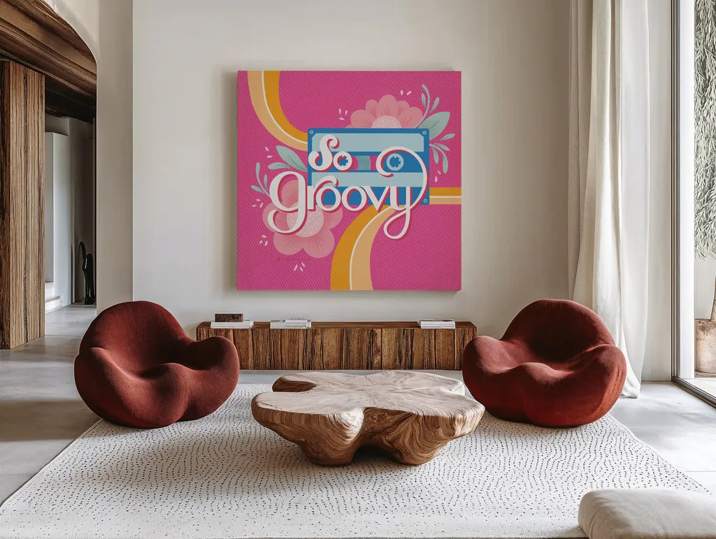 So Groovy I Pink by Gia Graham. Shown as extra-large giant wall art in a modern living room. Available as an archival giclee rolled canvas, fine art paper, or poster print. SKU 85474a.