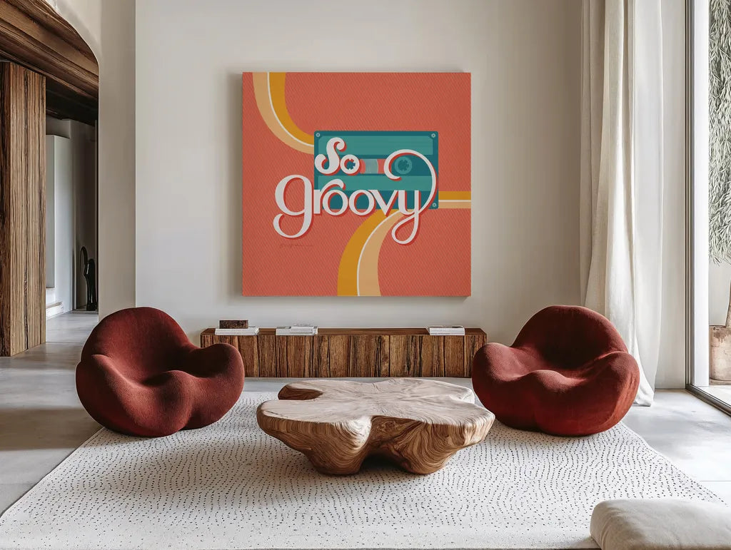So Groovy II by Gia Graham. Shown as extra-large giant wall art in a modern living room. Available as an archival giclee rolled canvas, fine art paper, or poster print. SKU 66245a.
