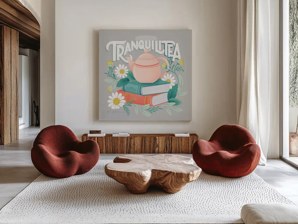 Tea Time I by Gia Graham. Shown as extra-large giant wall art in a modern living room. Available as an archival giclee rolled canvas, fine art paper, or poster print. SKU 77959a.