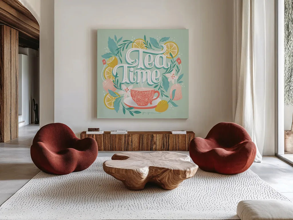Tea Time V by Gia Graham. Shown as extra-large giant wall art in a modern living room. Available as an archival giclee rolled canvas, fine art paper, or poster print. SKU 77963a.