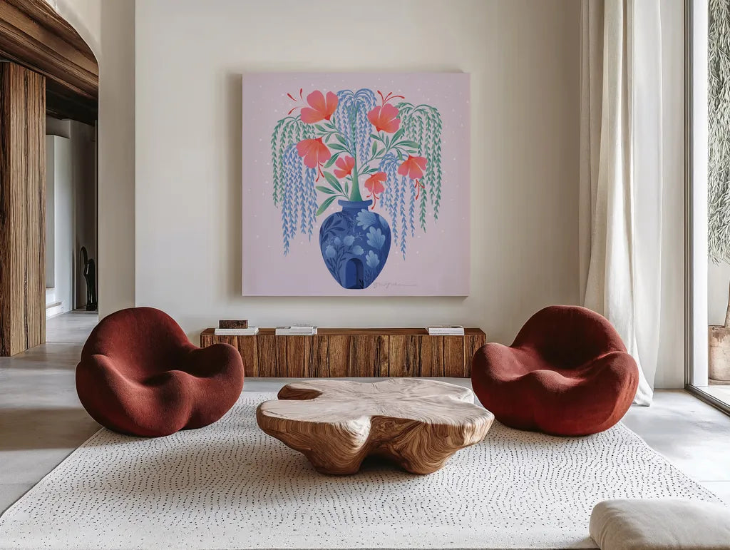 Whimsical Arrangement by Gia Graham. Shown as extra-large giant wall art in a modern living room. Available as an archival giclee rolled canvas, fine art paper, or poster print. SKU 87436a.