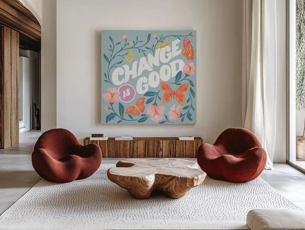 Winged Wonders IV by Gia Graham. Shown as extra-large giant wall art in a modern living room. Available as an archival giclee rolled canvas, fine art paper, or poster print. SKU 85040a.