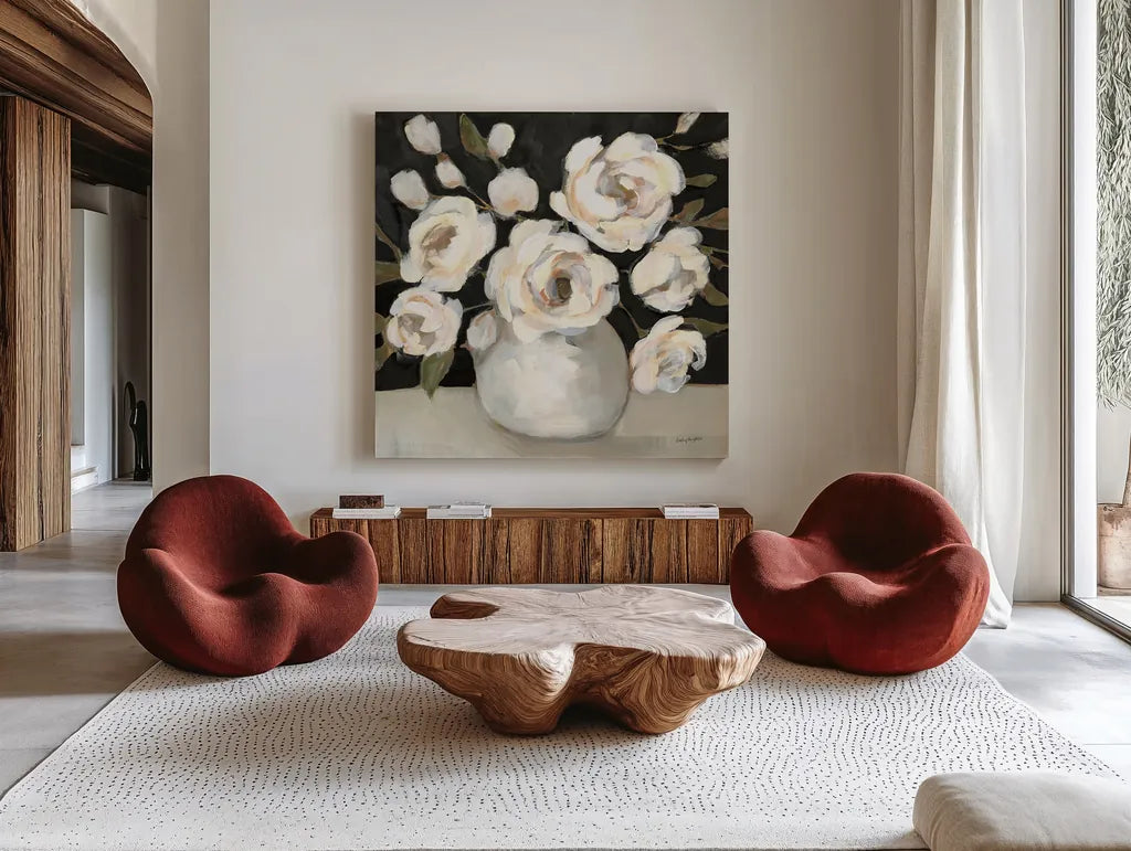 Billy Jean Black by Haley Knighten. Shown as extra-large giant wall art in a modern living room. Available as an archival giclee rolled canvas, fine art paper, or poster print. SKU 92989a.