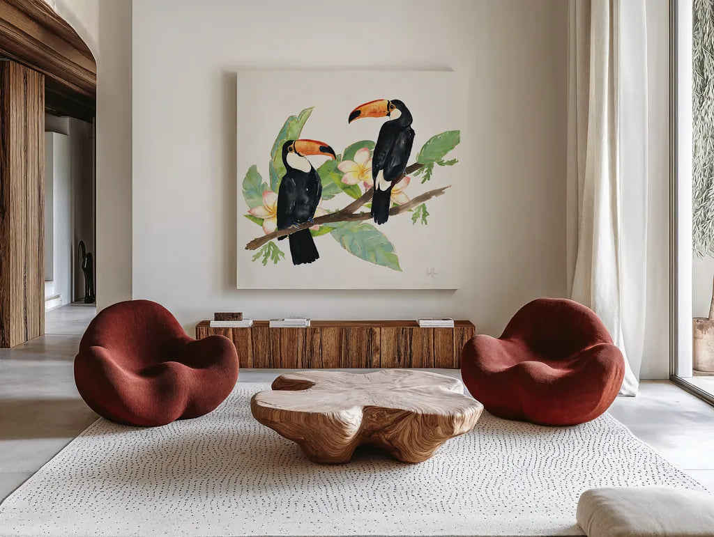 Tropical Fun Bird I Leaves by Harriet Sussman. Shown as extra-large giant wall art in a modern living room. Available as an archival giclee rolled canvas, fine art paper, or poster print. SKU 30968a.