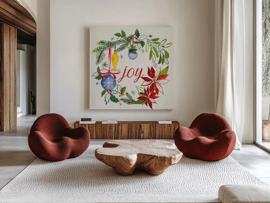 Watercolor Christmas VI by Harriet Sussman. Shown as extra-large giant wall art in a modern living room. Available as an archival giclee rolled canvas, fine art paper, or poster print. SKU 30815a.