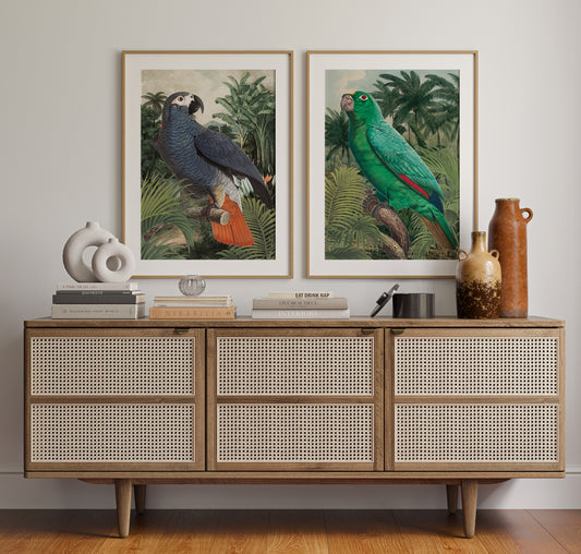 Framed Jungle Parrot I and II by Wild Apple Portfolio displayed above a cane-front console. Tropical birds with vivid feathers and lush green foliage bring bold color to modern interiors.