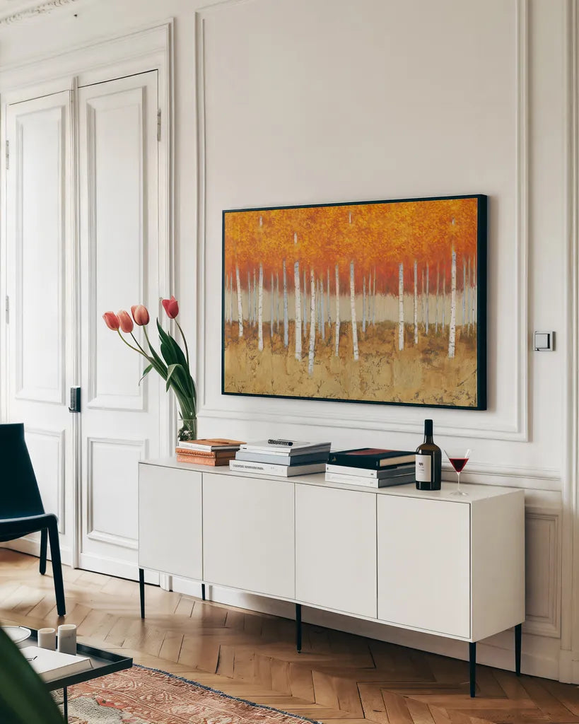 Autumn Birches by James Wiens. shown as a framed stretched canvas in a living room above a console. Available as a archival giclee rolled canvas, fine art paper, or poster print. SKU 53414i.