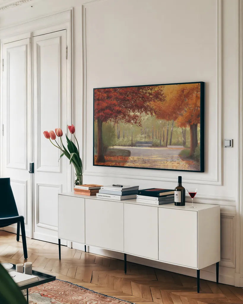 Autumn Stroll no People by James Wiens. shown as a framed stretched canvas in a living room above a console. Available as a archival giclee rolled canvas, fine art paper, or poster print. SKU 12793i.