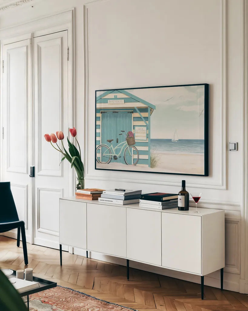 Beach Cruiser I by James Wiens. shown as a framed stretched canvas in a living room above a console. Available as a archival giclee rolled canvas, fine art paper, or poster print. SKU 17416i.