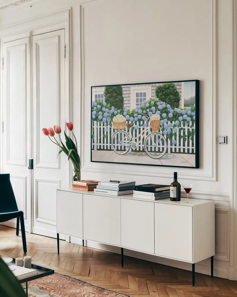 Beach Days II by James Wiens. shown as a framed stretched canvas in a living room above a console. Available as a archival giclee rolled canvas, fine art paper, or poster print. SKU 35905i.