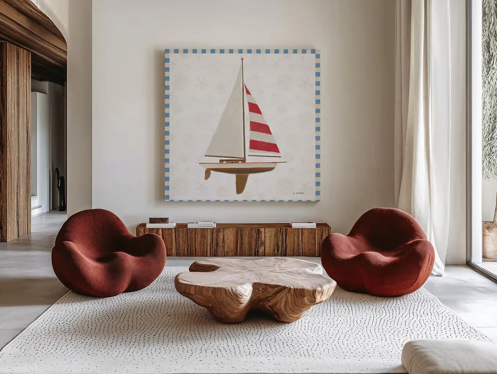 Beach Days IV by James Wiens. Shown as extra-large giant wall art in a modern living room. Available as an archival giclee rolled canvas, fine art paper, or poster print. SKU 35907a.